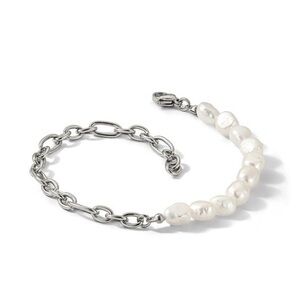 Chisel Stainless Steel Polished Half White Freshwater Cultured Pearl Bracelet
